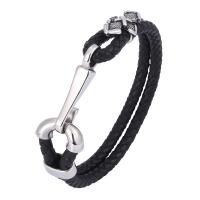 Leatheroid Cord Bracelets, Stainless Steel, with Split Layer Cowhide Leather, fashion jewelry, black 