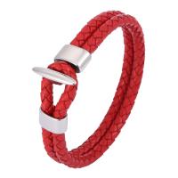 Leatheroid Cord Bracelets, Stainless Steel, with Split Layer Cowhide Leather, fashion jewelry, red 