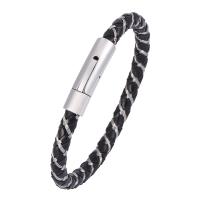 Leatheroid Cord Bracelets, Stainless Steel, with Split Layer Cowhide Leather, fashion jewelry, black 