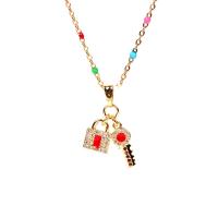 Cubic Zirconia Stainless Steel Necklace, gold color plated, Hand-Painted Enamel Glaze & micro pave cubic zirconia Approx 15.74 Inch 