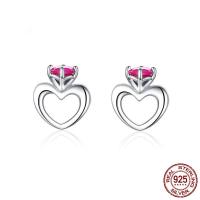 Sterling Silver Stud Earring, 925 Sterling Silver, Heart, platinum plated, micro pave cubic zirconia & for woman 
