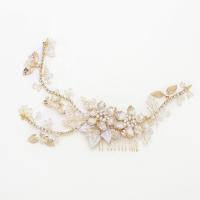 Decorative Hair Combs, Zinc Alloy, with Plastic Pearl, Flower, 18K gold plated, for bridal & with rhinestone, golden, 260*60mm 