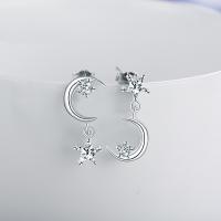 Brass Drop Earring, 925 Sterling Silver, with Cupronickel, Moon and Star, polished, hypo allergic & micro pave rhinestone & for woman, silver color, 17*10*4mm  