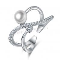 Brass Cuff Finger Ring, with Freshwater Pearl, plated, Adjustable & polished & micro pave cubic zirconia & for woman & hollow 11mm 