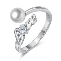 Brass Cuff Finger Ring, with Freshwater Pearl, plated, Adjustable & polished & micro pave cubic zirconia & for woman 6mm 