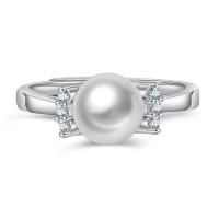 Brass Open Finger Ring, with Freshwater Pearl, plated, Adjustable & polished & micro pave cubic zirconia & for woman 6mm,2.2mm 