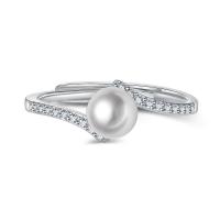 Brass Open Finger Ring, with Freshwater Pearl, plated, Adjustable & polished & micro pave cubic zirconia & for woman 6mm,2.5mm 