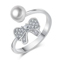 Brass Cuff Finger Ring, with Freshwater Pearl, plated, Adjustable & polished & micro pave cubic zirconia & for woman 6mm,2mm 