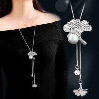 Fashion Sweater Chain Necklace, Alloy, Ginkgo Leaf, plated, for woman & with rhinestone, silver color, 920*38mm 
