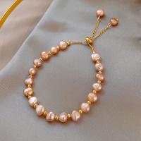 Zinc Alloy Pearl Bracelets, with Freshwater Pearl, Round, plated, Length Adjustable & for woman, Champagne, 300mm 