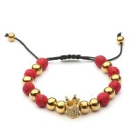 Lava Bead Bracelet, Stainless Steel, with Lava, Crown, plated, Length Adjustable & braided bracelet & micro pave cubic zirconia, red, 8*12mmuff0c160+70mm 