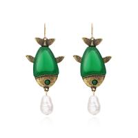 Resin Zinc Alloy Earring, with Resin, Fish, antique gold color plated, imitation pearl & for woman, antique gold color, 73*30mm 