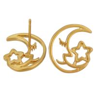 Brass Earring Stud Component, Moon and Star, sang gold plated, hollow 1mm 