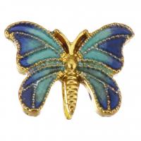 Латунные бусины с эмалью, Латунь, бабочка, плакирован золотом, голубой отверстие:Приблизительно 2mm, продается PC