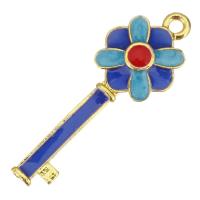 Enamel Brass Pendants, Key, gold color plated, blue Approx 2mm 