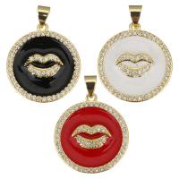 Enamel Brass Pendants, Round, plated, micro pave cubic zirconia 