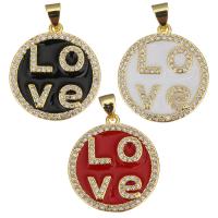 Enamel Brass Pendants, Round, plated, with letter pattern & micro pave cubic zirconia Approx 3.5mm 