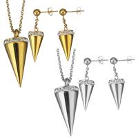Fashion Stainless Steel Jewelry Sets, Stud Earring & necklace, Conical, plated, micro pave cubic zirconia & for woman 2mm,40mm Approx 17 Inch 