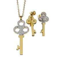 Cubic Zirconia Stainless Steel Jewelry Sets, Stud Earring & necklace, Key, gold color plated, micro pave cubic zirconia & for woman 2mm Approx 17 Inch 