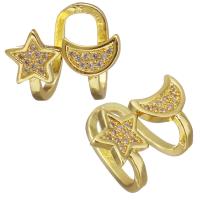 metal Pendiente Clip, Luna y estrella, chapado en color dorado, micro arcilla de zirconia cúbica & para mujer, 16x14x10mm, Vendido por Par