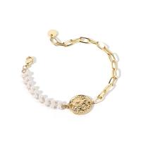 Brass Bracelets, with ABS Plastic Pearl, gold color plated, rectangle chain & for woman, white, 20mm Approx 8.9 Inch 