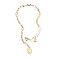 Collar de latón hecho a mano, metal, con Perlas plásticas, chapado en color dorado, cadena de rectángulo & para mujer, 30mm, longitud:aproximado 20.5 Inch, Vendido por Sarta