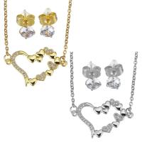 Cubic Zirconia Micro Pave Brass Jewelry Sets, Stud Earring & necklace, with stainless steel chain, with 1.5 inch extender chain, Heart, plated, micro pave cubic zirconia & for woman & hollow 1.5mm,5mm Approx 17 Inch 