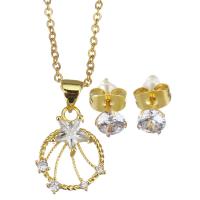 Cubic Zirconia Micro Pave Brass Jewelry Sets, Stud Earring & necklace, with stainless steel chain, with 1.5 inch extender chain, gold color plated, micro pave cubic zirconia & for woman & hollow 1.5mm,5mm Approx 17 Inch 