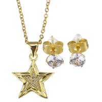 Cubic Zirconia Micro Pave Brass Jewelry Sets, Stud Earring & necklace, with stainless steel chain, with 1.5 inch extender chain, Star, gold color plated, micro pave cubic zirconia & for woman 1.5mm,5mm Approx 17 Inch 