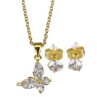 Cubic Zirconia Micro Pave Brass Jewelry Sets, Stud Earring & necklace, with stainless steel chain, with 1.5 inch extender chain, Butterfly, gold color plated, micro pave cubic zirconia & for woman 1.5mm,5mm Approx 17 Inch 