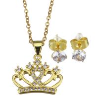 Cubic Zirconia Micro Pave Brass Jewelry Sets, Stud Earring & necklace, with stainless steel chain, with 1.5 inch extender chain, Crown, gold color plated, micro pave cubic zirconia & for woman & hollow 1.5mm,5mm Approx 17 Inch 