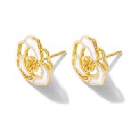 Brass Earring Stud Component, Flower, gold color plated, for woman & enamel & hollow, nickel, lead & cadmium free 