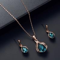 Rhinestone Zinc Alloy Jewelry Set, earring & necklace, Teardrop, plated, for woman, blue, 420+50,23uff0c25mm 