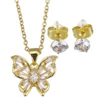 Cubic Zirconia Micro Pave Brass Jewelry Sets, Stud Earring & necklace, with stainless steel chain, with 1.5 inch extender chain, Butterfly, gold color plated, micro pave cubic zirconia & for woman 1.5mm,5mm Approx 17 Inch 