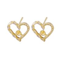 Brass Earring Stud Component, Heart, gold color plated, DIY & micro pave cubic zirconia & hollow, nickel, lead & cadmium free 10mm 