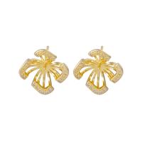 Brass Earring Stud Component, Flower, gold color plated, DIY & micro pave cubic zirconia & hollow nickel, lead & cadmium free 
