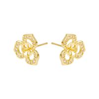 Brass Earring Stud Component, Flower, gold color plated, DIY & micro pave cubic zirconia & hollow, nickel, lead & cadmium free 