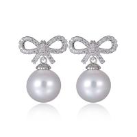 Brass Drop Earring, with 925 Sterling Silver & Shell Pearl, silver color plated, micro pave cubic zirconia & for woman, white 