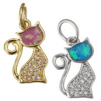 Cubic Zirconia Micro Pave Brass Pendant, with Opal, Cat, plated, micro pave cubic zirconia Approx 4.5mm 
