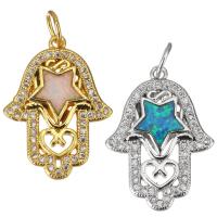 Cubic Zirconia Micro Pave Brass Pendant, with Opal, Hand, plated, micro pave cubic zirconia & hollow Approx 4mm 