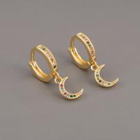Huggie Hoop Drop Earring, Brass, Moon, gold color plated, micro pave cubic zirconia & for woman, golden 