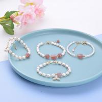 Quartz Bracelets, pearl, with Strawberry Quartz & Zinc Alloy, Geometrical Pattern, plated & for woman 150+50uff0c4mm 