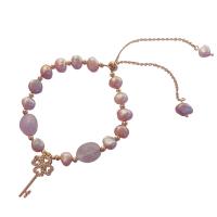 Zinc Alloy Pearl Bracelets, ABS Plastic Pearl, with Strawberry Quartz & Zinc Alloy, Four Leaf Clover, plated & micro pave cubic zirconia & for woman 200mm 