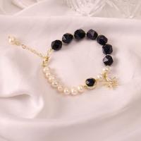 Zinc Alloy Pearl Bracelets, Freshwater Pearl, with Blue Goldstone & Zinc Alloy, polished, Adjustable & micro pave cubic zirconia & for woman, mixed colors Approx 7 Inch 