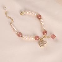 Zinc Alloy Pearl Bracelets, Freshwater Pearl, with Strawberry Quartz & Zinc Alloy, gold color plated, micro pave cubic zirconia & for woman, pink Approx 7 Inch 