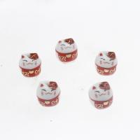 Animal Porcelain Beads, Fortune Cat, plated, DIY, red, 14*15*14.5mm 