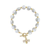 Zinc Alloy Pearl Bracelets, with Freshwater Pearl, gold color plated, micro pave cubic zirconia & for woman, white Approx 7 Inch 