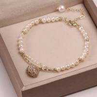 Cultured Freshwater Pearl Brass Bracelet, with Freshwater Pearl, gold color plated, micro pave cubic zirconia & for woman Approx 7 Inch 