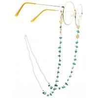 18K Gold Glasses Chain, with Seedbead & turquoise, plated, anti-skidding & glass pattern design, blue, 840mm 