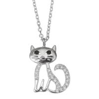 Cubic Zircon Micro Pave Sterling Silver Necklace, Mixed Material, with 2 inch extender chain, Cat, plated & micro pave cubic zirconia & for woman & hollow 1.5mm Approx 15 Inch 